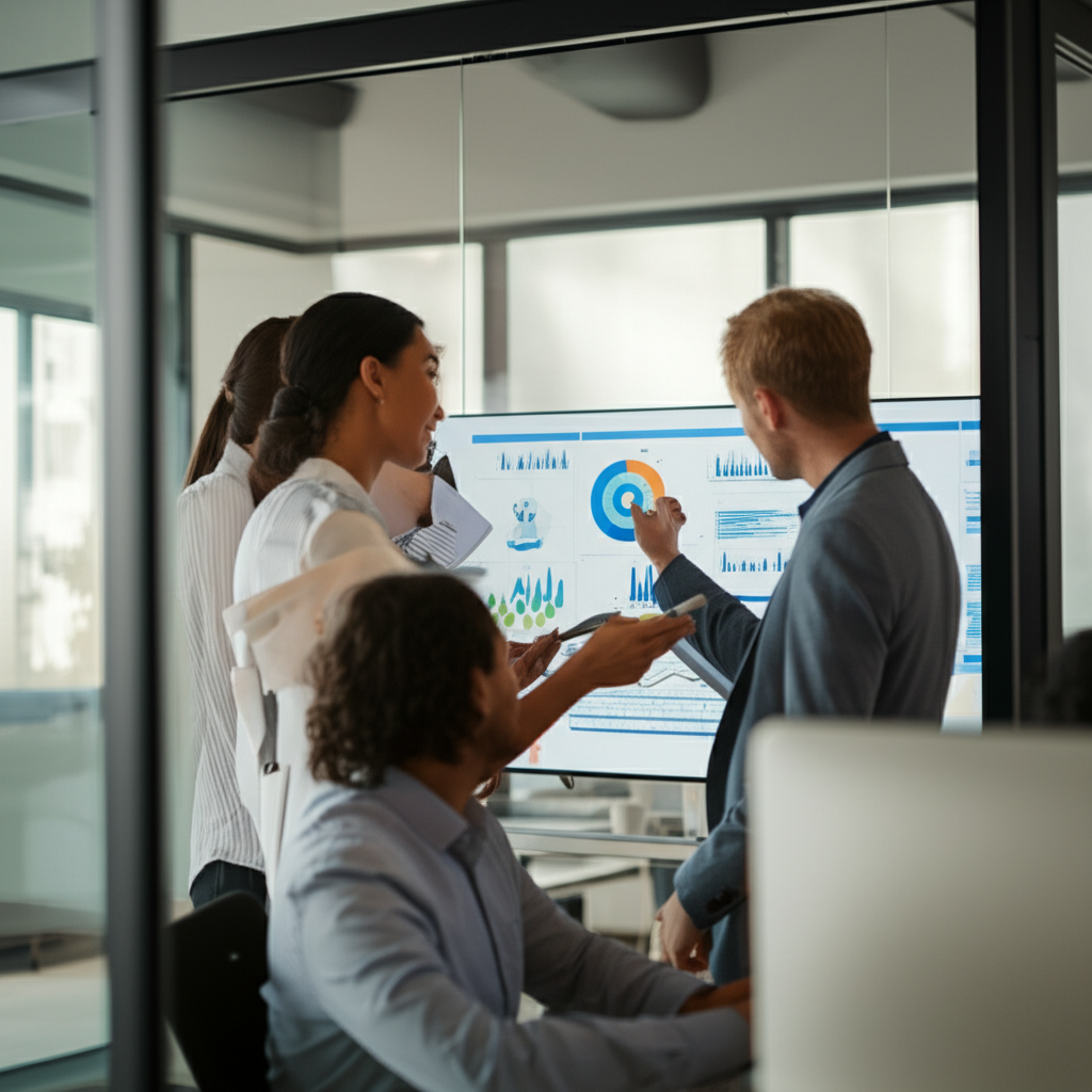 A diverse business team from LD IKLEO Group collaborating in a modern office.